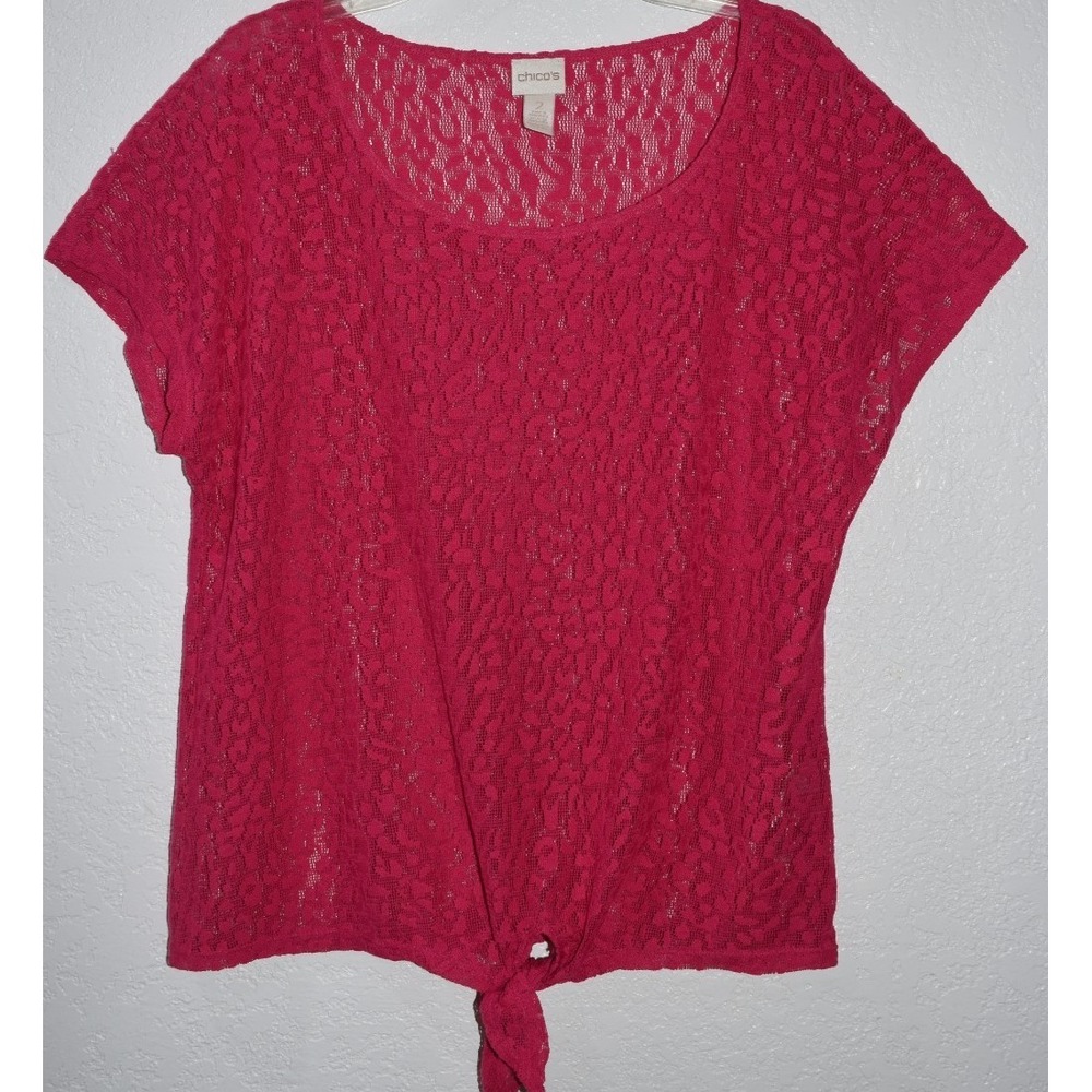 CHICOS Stretch Lace Top Tie Front Dolman Cap Sleeve Magenta Pink Sheer Beachy